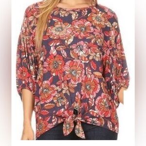 Chris & Carol Women's Red Floral 3/4 Sleeve Tie Waist Blouse Top Large NWOT